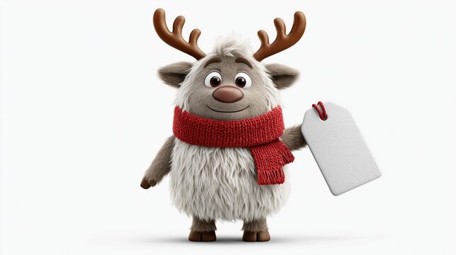 Reindeer cartoon character wearing a red scarf and holding a blank gift tag against a white background for Christmas marketing and holiday design.