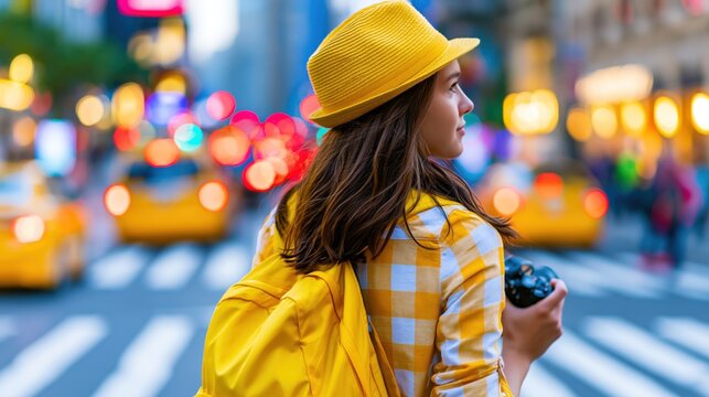 Woman traveler wearing a yellow hat and backpack holds a camera while standing on a city crosswalk with blurred traffic and lights in the background.
