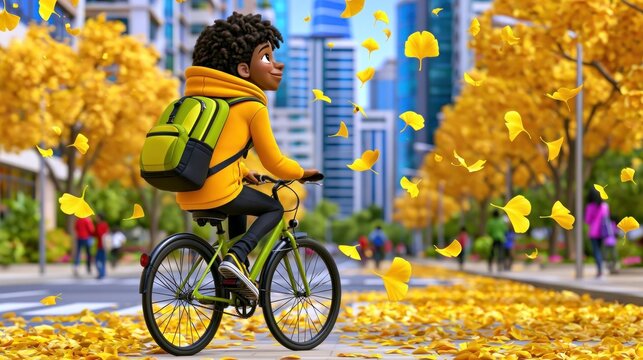 Child riding a bike through an autumn city park with golden leaves falling around a tree-lined street and backpack on a sunny day.
