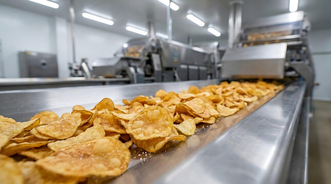 Fresh Crispy Potato Chips Moving on Stainless Steel Conveyor Belt in Modern Automated Snack Food Processing Factory