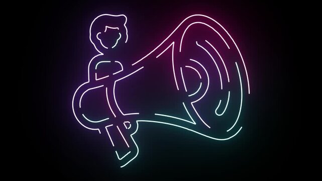 Neon Line Art Graphic Showing A Person Holding A Megaphone To Announce Important Messages On A Dark Background With Vibrant Glowing Light Effects