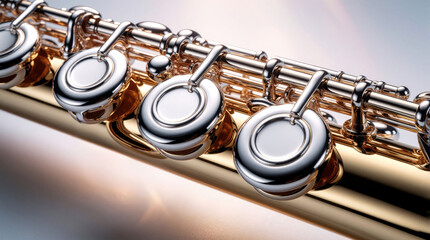 Obraz premium Close up view of golden flute with shiny silver keys. Professional musical woodwind instrument for orchestral performance. Classical metal pipe device with complex mechanical buttons for melody