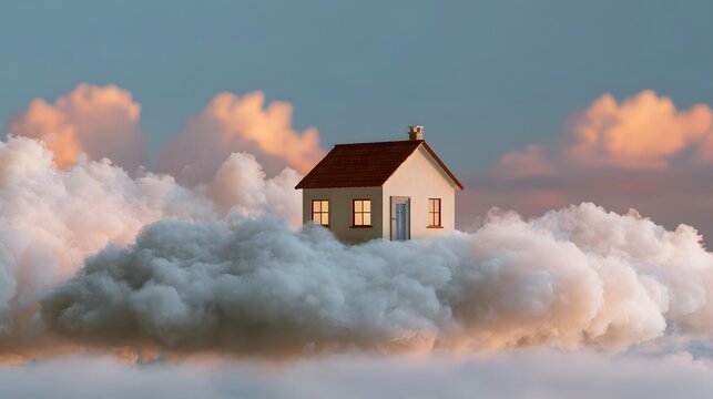 A small house perched atop a fluffy cloud under a soft twilight sky with warm glowing