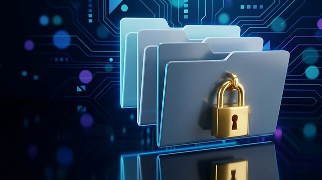 Digital data security with locked file folders and circuit board background