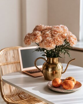 Sunny home workspace with laptop peach carnations brass vase and fresh apples on white table