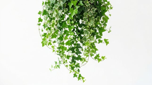 Hanging green ivy plant with variegated leaves isolated on a plain background