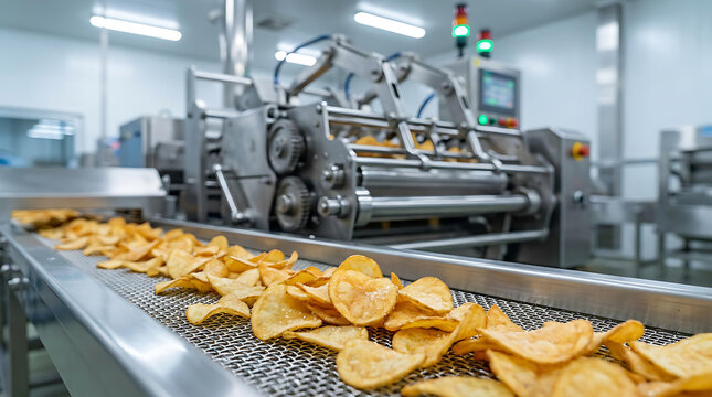 Golden Potato Chips on Automated Conveyor Belt in Modern Snack Food Processing Factory with Industrial Manufacturing Equipment