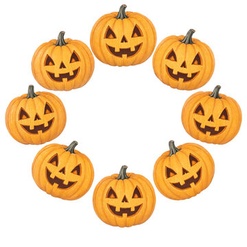 Seven carved pumpkins with smiling jack o lantern faces arranged in circle transparent background