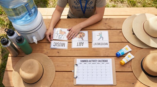 Child arranging Summer Childcare, Camps & Activity Schedules cards