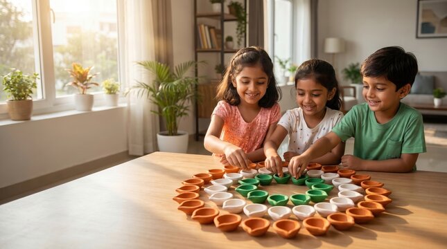 Children joyfully arrange colorful diyas for India's Independence Day celebration