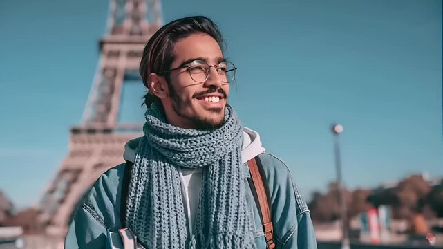Paris, France, Europe. A portrait of a man standing in front of the Eiffel Tower in Paris, France. He wears a light blue denim jacket, a white shirt, and a gray knitted scarf.