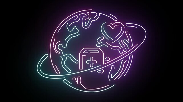 Neon Line Art Graphic of Planet Earth Featuring Medical First Aid Box and Heart Symbol Glowing Against Dark Background Representing Global Health Care