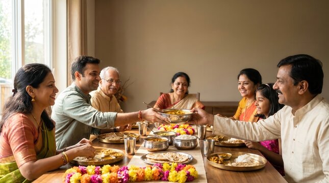 Family Celebrating India's Independence Day with a Traditional Feast at a Dining Table
