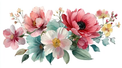 Obraz premium Watercolor floral arrangement featuring pink and red blooms with green foliage