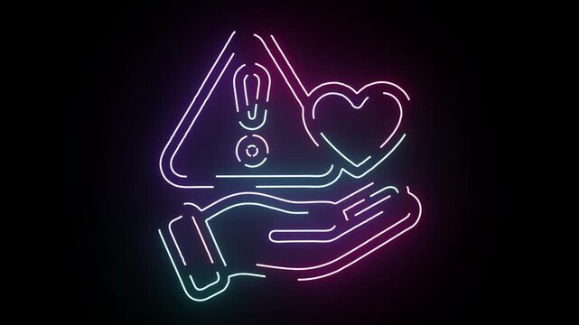 Neon Light Graphic Showing A Danger Warning Symbol Combined With A Loving Heart Icon Held In A Human Hand Glowing Against A Solid Dark Black Backgroun