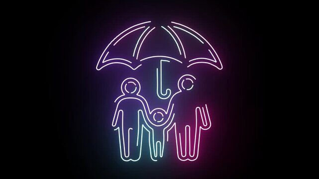 Neon Light Animated Family Umbrella Icon Shielding Parents And Child From Rain Symbolic Illustration Design On Black Background For Insurance Concept