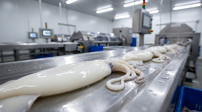 Fresh Whole Squid on Stainless Steel Conveyor Belt in Modern Seafood Processing Factory with Automated Food Production Line