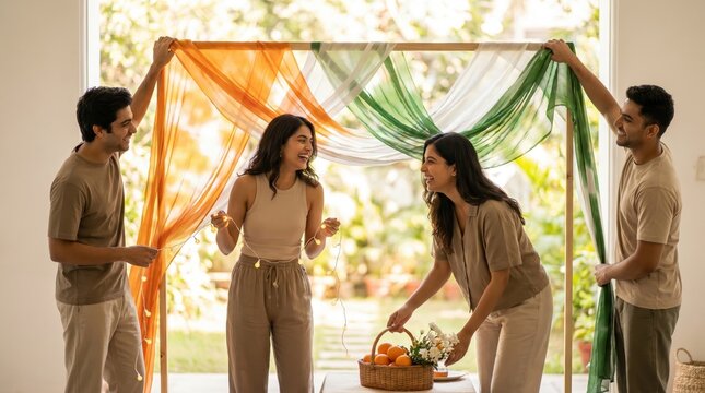 Joyful Young Women Decorating for India's Independence Day Celebration Outdoors