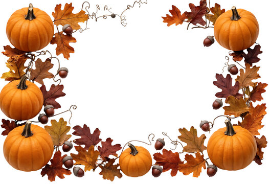 Autumn decorative border featuring pumpkins leaves and acorns on transparent background transparent background