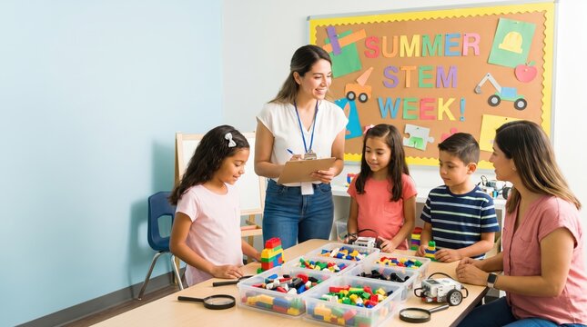 Teacher Leads Children in Summer Childcare, Camps & Activity Schedules STEM Learning