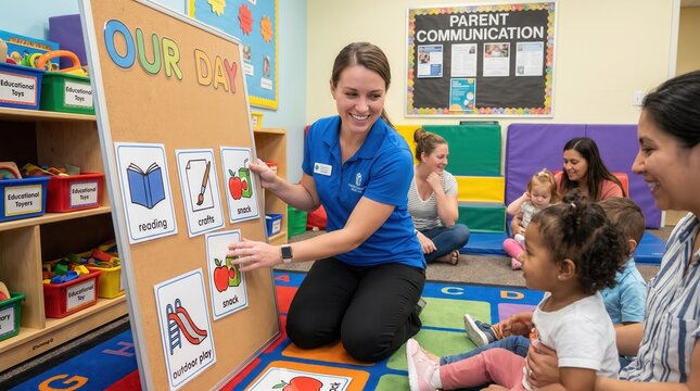 Teacher Leads Summer Childcare Activity Schedule with Children