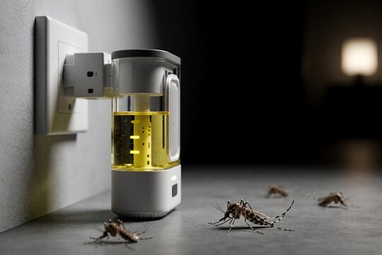 Electric mosquito vaporizer plugged into wall. Insect killer device releases repellent fluid. Dead mosquitoes lie on floor indoors. Home pest control provides quiet sleep and safety.