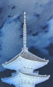 White Japanese pagoda temple tower on blue triangular mosaic night sky, low poly geometric abstract art, spiritual Buddhist landmark illustration
