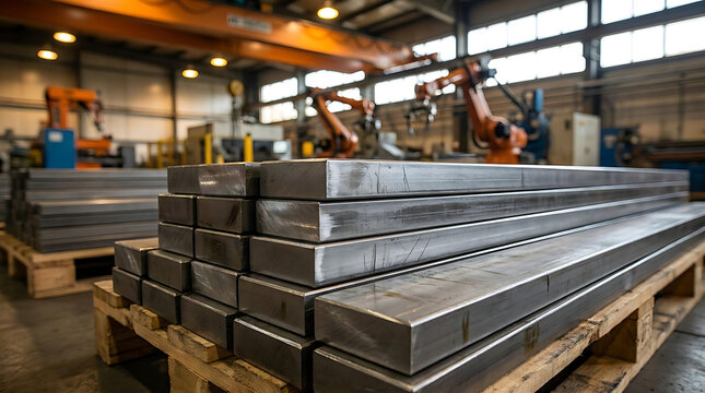 Stacked Rectangular Steel Tubes in Industrial Manufacturing Warehouse for Metal Fabrication and Construction Materials