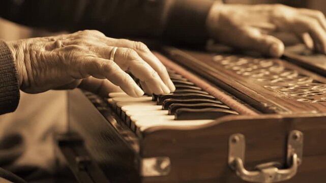 Elderly Hands Play Harmonium, Traditional Indian Music Instrument, Close Up