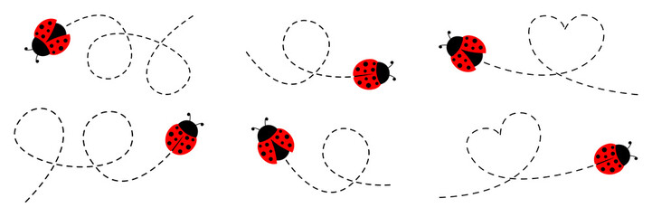 Fototapeta premium Cute ladybug beetle set. Adorable insect character with dotted path collection. Vector illustration isolated on white.