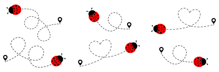 Adorable tiny ladybugs with spotted wings and dotted path set. Vector illustration isolated on white. © Віталій Баріда