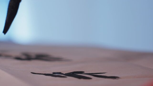 Macro brush tip puts ink on rice paper and moves the pen