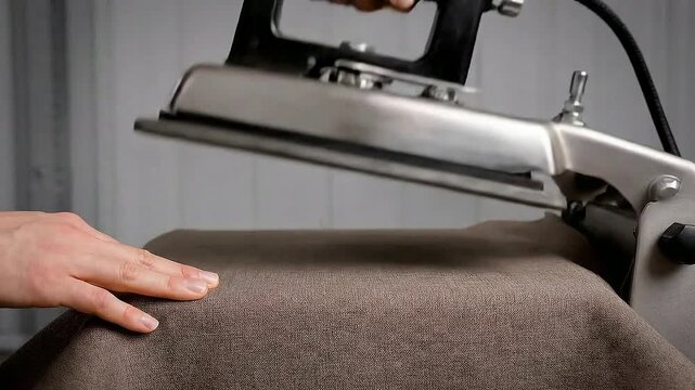 Close-Up Of A Professional Hand Using An Iron On Textured Fabric Surface For Garment Care And Textile Maintenance