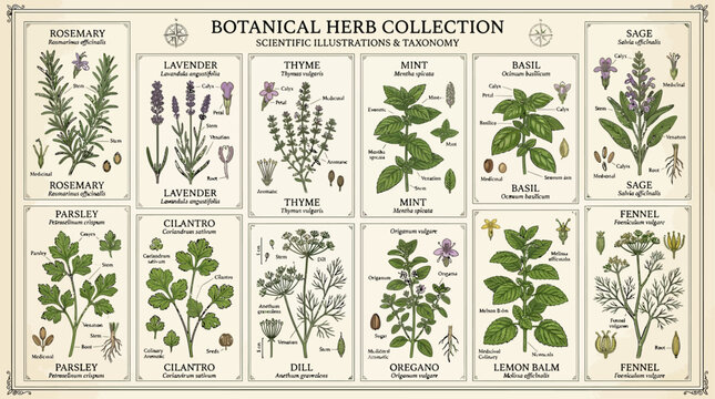 Vintage botanical herb collection illustration featuring diverse aromatic plants and culinary herbs with scientific taxonomy on parchment