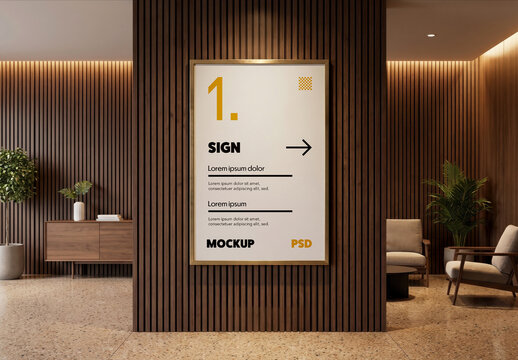 Framed Sign On Wood Wall Mockup
