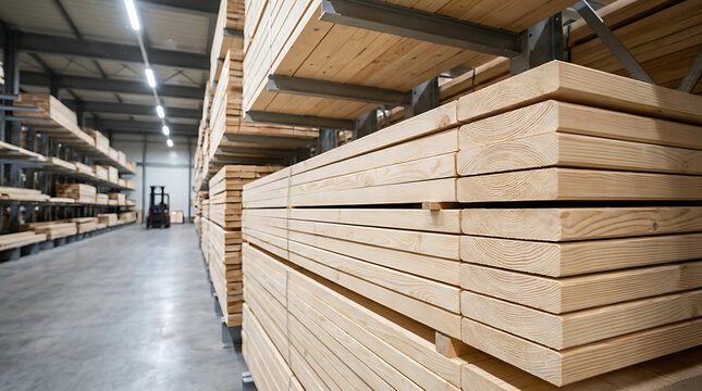 Long Wooden Lumber Boards Stacked on Warehouse Shelving in Modern Timber Storage and Construction Material Facility