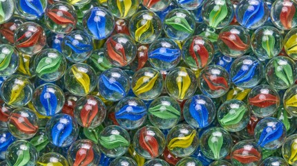 Fototapeta premium Top down view of colorful vintage glass marbles filling the frame, creating a vibrant abstract pattern and texture background