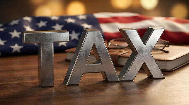 Metal Tax Letters on American Flag with Calculator Representing Tax Filing Financial Planning and United States Taxation Concept