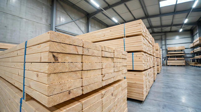 Stacked Lumber Timber Planks Stored Inside Modern Wood Processing Warehouse and Industrial Construction Material Facility