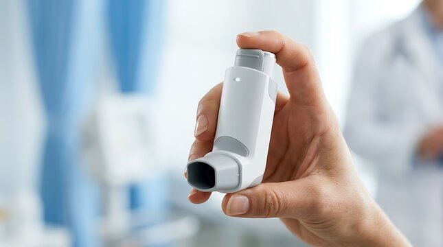Medical asthma inhaler held by patient for respiratory therapy treatment in professional clinic setting