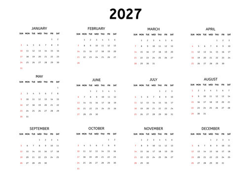 A 2027 calendar with a clean, simple layout in landscape orientation. Suitable for any graphic design purposes.