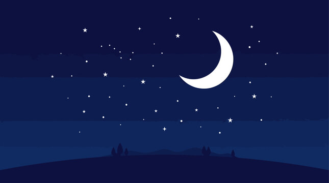 A serene night sky featuring a glowing crescent moon and scattered stars above a dark silhouette landscape with distant trees