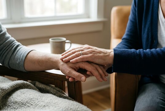 Compassionate senior care provider holding hand of elderly patient at home, providing professional senior care and emotional support for senior care and aging health.