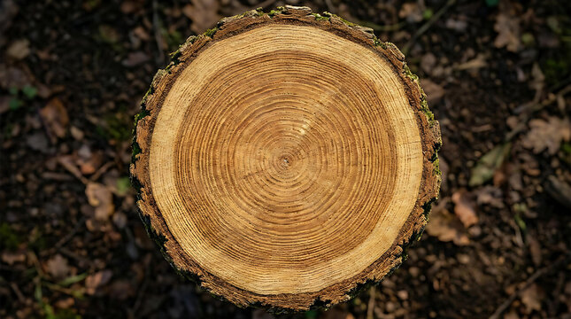 Close Up Cross Section of Freshly Cut Tree Trunk Showing Annual Growth Rings and Natural Wood Texture in Forest