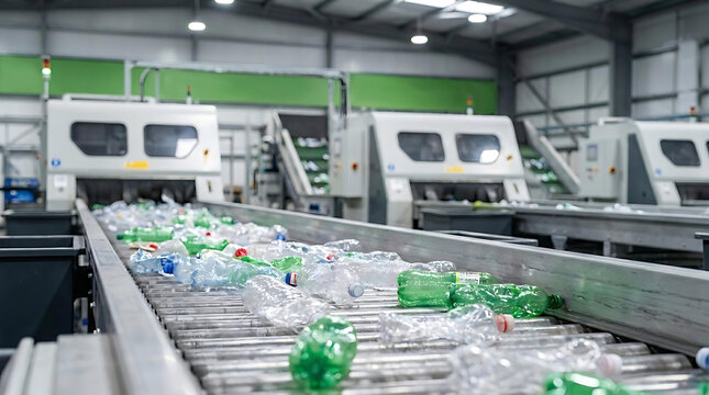 Modern Plastic Bottle Recycling Facility with Conveyor Belt and Automated Waste Sorting System in Industrial Processing Plant