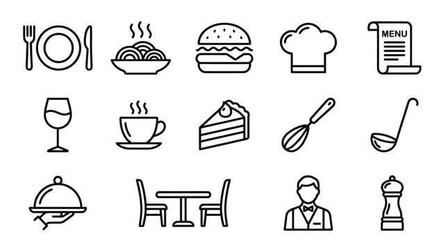 Restaurant and food service thin line icons
