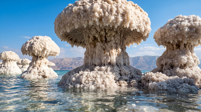 Low-angle view of rare mushroom-shaped salt crystal formations in the Dead Sea.
