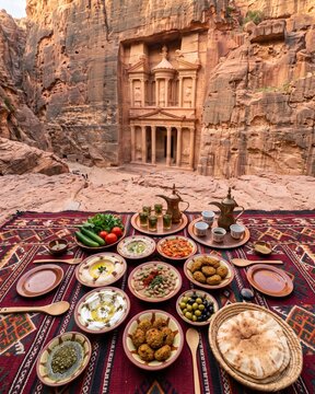 Traditional Jordanian breakfast overlooking the Treasury of Petra.