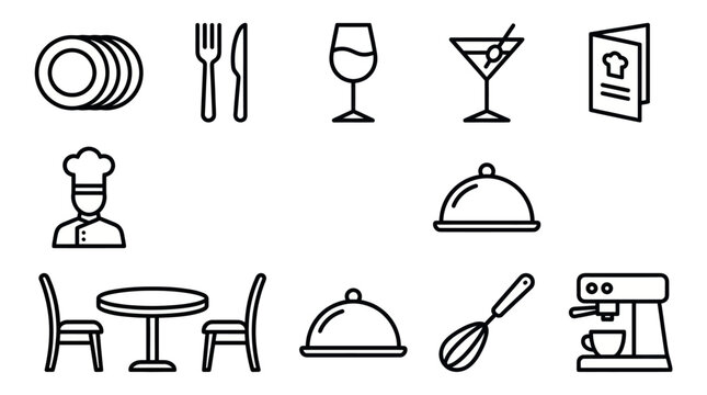 Restaurant dining and culinary equipment line icons.