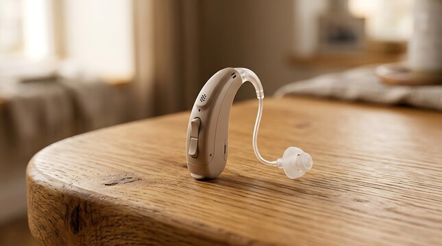 Modern beige hearing aid device resting on a textured natural wooden table surface